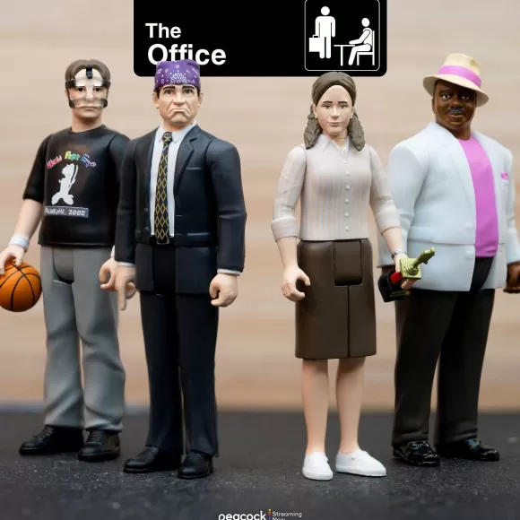 Super7 The Office^The Office Reaction Figures Wave 2 - Michael Scott (Prison Mike), Dwight Schrute (Basketball), Stanley Hudson (Florida), Pam Beesly (Dundie)